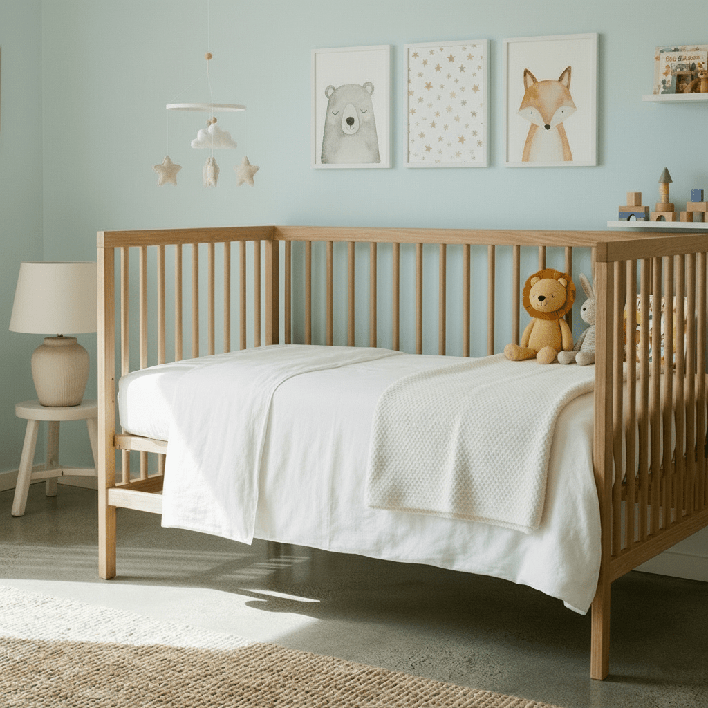MiteGuard dust mite allergen barrier cot mattress cover in a baby's nursery