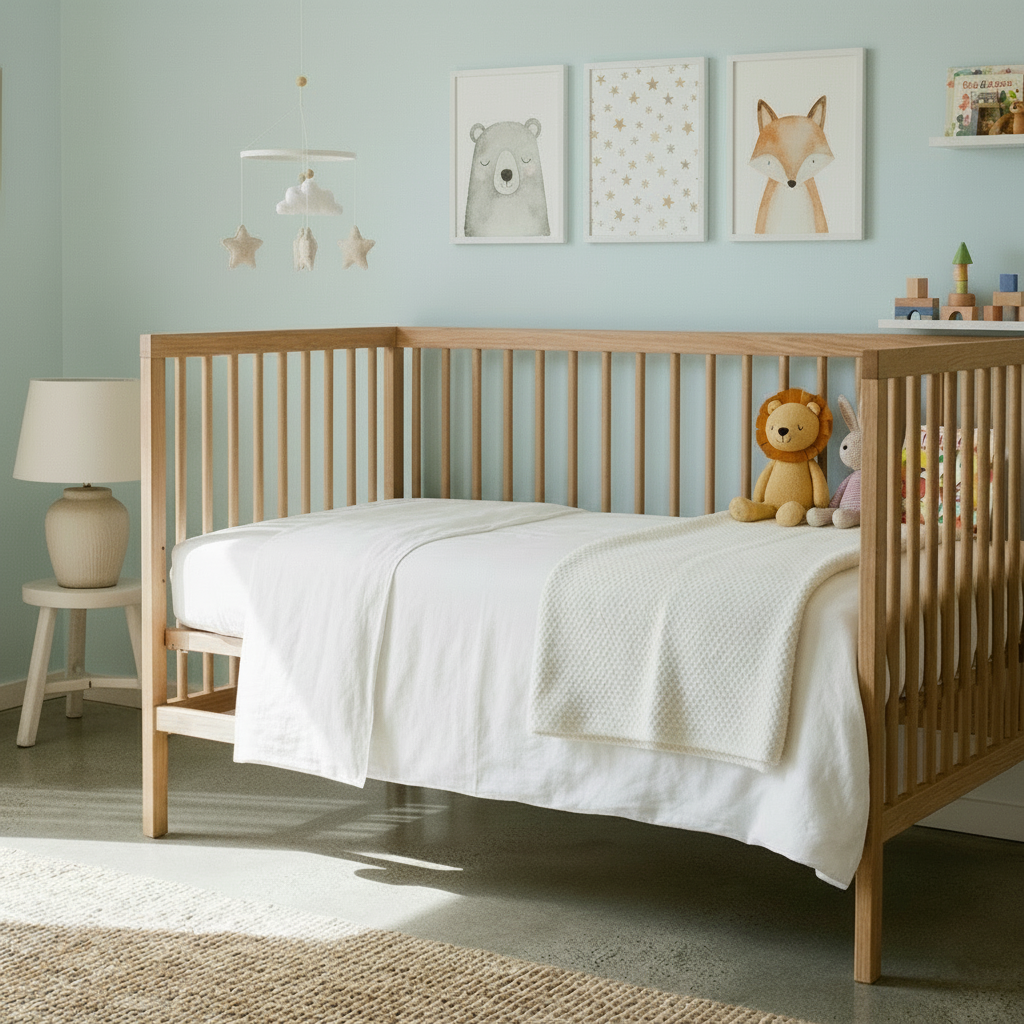 Wooden cot with white mattress cover and bedding in a nursery with light blue walls and accessories 