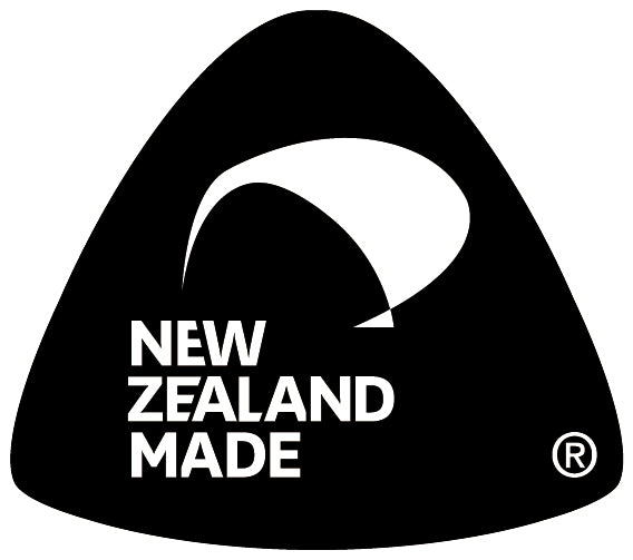 Made in New Zealand black triangle logo with white kiwi