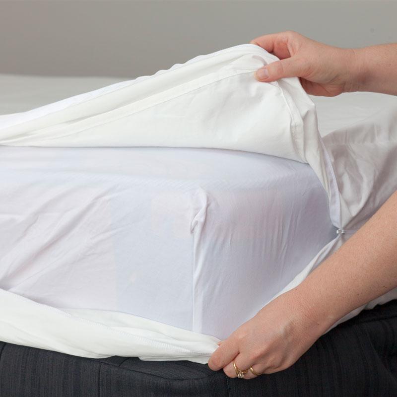 Placing the MiteGuard mattress protector on the mattress